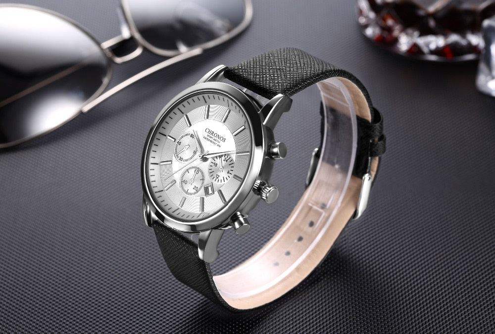 CHRONOS Mens Sport Wristwatches Military Date Casual Leather Quartz Watches Male Large Round Analog Watch Clock Orologio Uomo