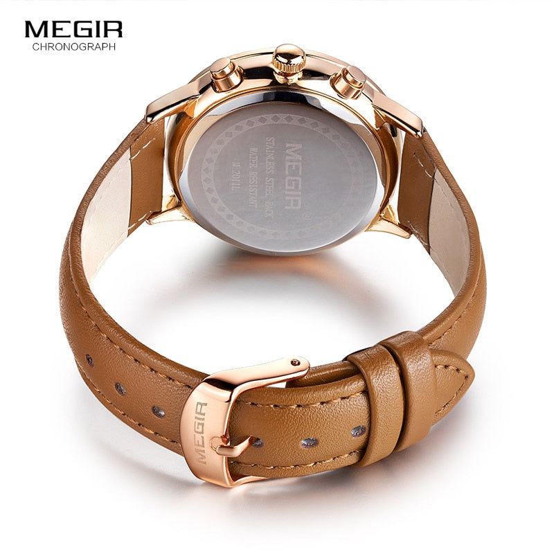 Megir Chronograph Date Indicator Brown Leather Strap Quartz Wrist Watch for Women Ladies Fashion Gold Rose Wristwatch ML2011L-2