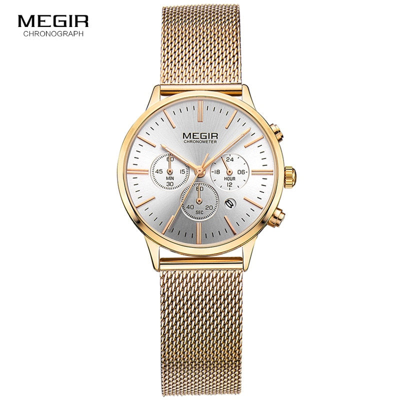Megir Women's Chronograph Luminous Hands Date Indicator Stainless Steel Mesh Strap Quartz Wrist Watches Lady Rose Gold M2011L-1