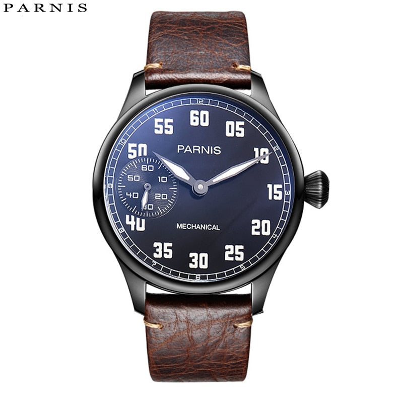 New Casual 44mm Parnis Man Watch Mechanical Hand Winding Leather Hand Wind Power Reserve Men's Watches 17 Jewels Man Clock 2019