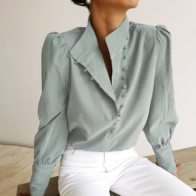 OOTN Elegant Turtleneck Blouse Long Sleeve White Shirt Office Ladies Top Casual Solid Single-Breasted Puff Sleeve Womens Blouses