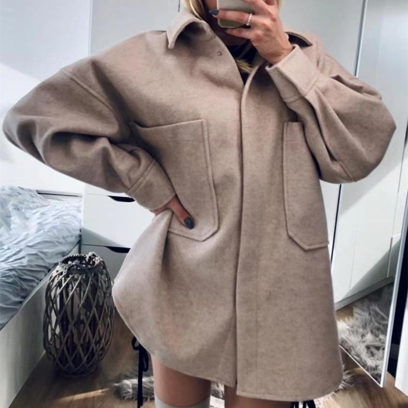 PUWD Casual Woman Camel Loose Pocket Woolen Shirt 2021 Fashion Ladies Autumn Long Sleeve Thick Blouse Coat Female Long Outwear