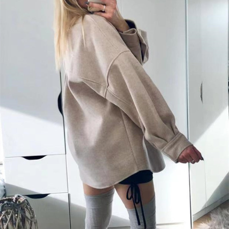 PUWD Casual Woman Camel Loose Pocket Woolen Shirt 2021 Fashion Ladies Autumn Long Sleeve Thick Blouse Coat Female Long Outwear