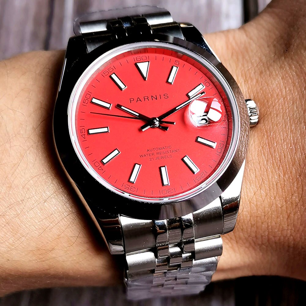 Parnis 39mm sapphire Red dial jubilee sapphire date Miyota 8215 Automatic movement Men's Watch