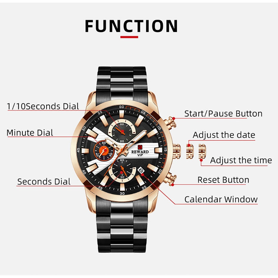 Reward VIP Fashion Men Wristwatches Business Stainless Steel Quartz Watches Luminous Chronograph Timepieces Wrist Watch for Man