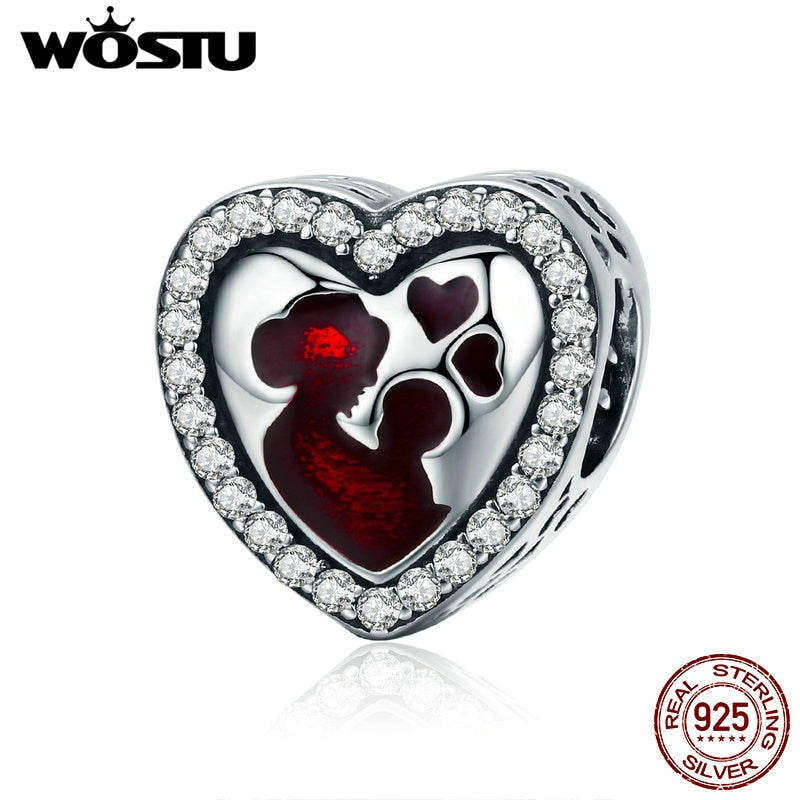 WOSTU 100% Authentic 925 Sterling Silver Heart Shape Charm Mom Beads Fit Original Bracelet Pendant DIY Jewelry Charms Gift