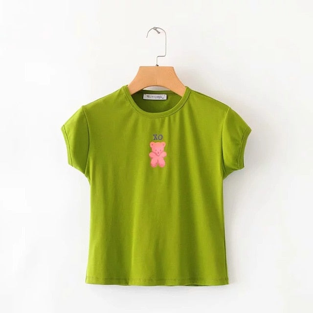 Women Bear Print Crop Tee Short Sleeve Slim Fit T-shirt