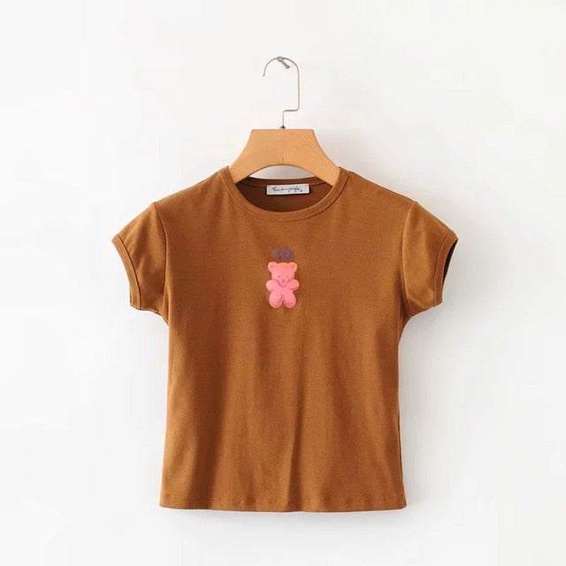 Women Bear Print Crop Tee Short Sleeve Slim Fit T-shirt
