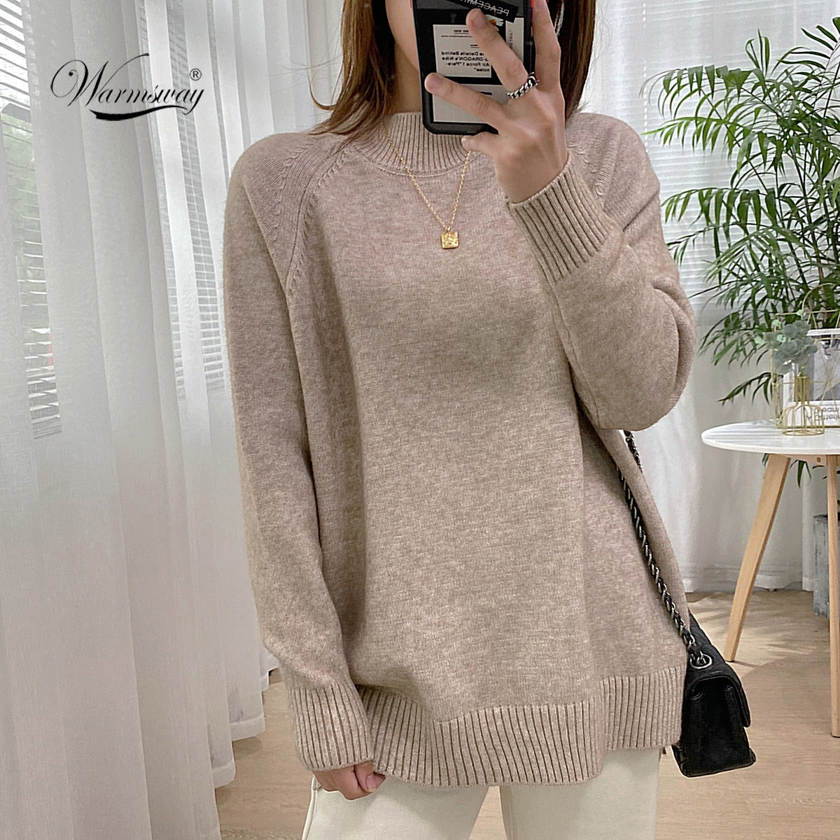 Women Mock Neck Pullovers Sweater High Quality Oversized Jumper Split Fall Winter Clothes Beige Purple Green 8 Colors  C-232