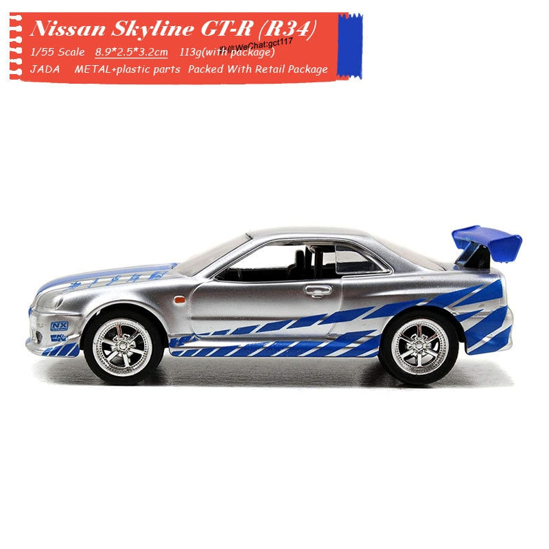 1/55 Fast and Furious Cars Brian's Nissan Skyline GTR R34 Simulation Metal Diecast Model Cars Kids Toys