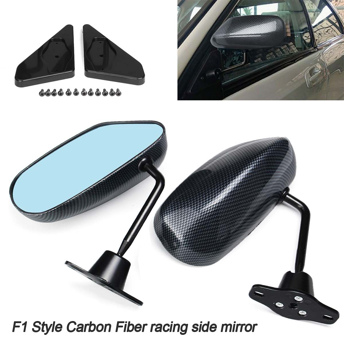 1Pair Universal Car Carbon Fiber Autos Blue Rear View Mirror F1 Carbon Look racing Side Mirror Glass & Wide Angle Metal Bracket