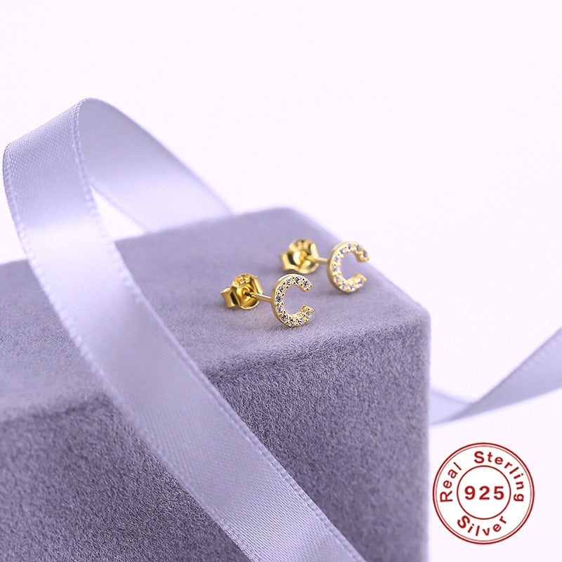 1 pair of Cute Mini 925 Sterling Silver Geometric English Letters Stud Earrings for Women Gold Silver Alphabet Zircon Studs