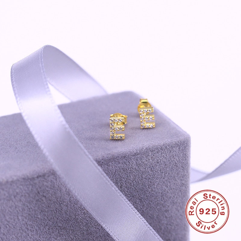 1 pair of Cute Mini 925 Sterling Silver Geometric English Letters Stud Earrings for Women Gold Silver Alphabet Zircon Studs