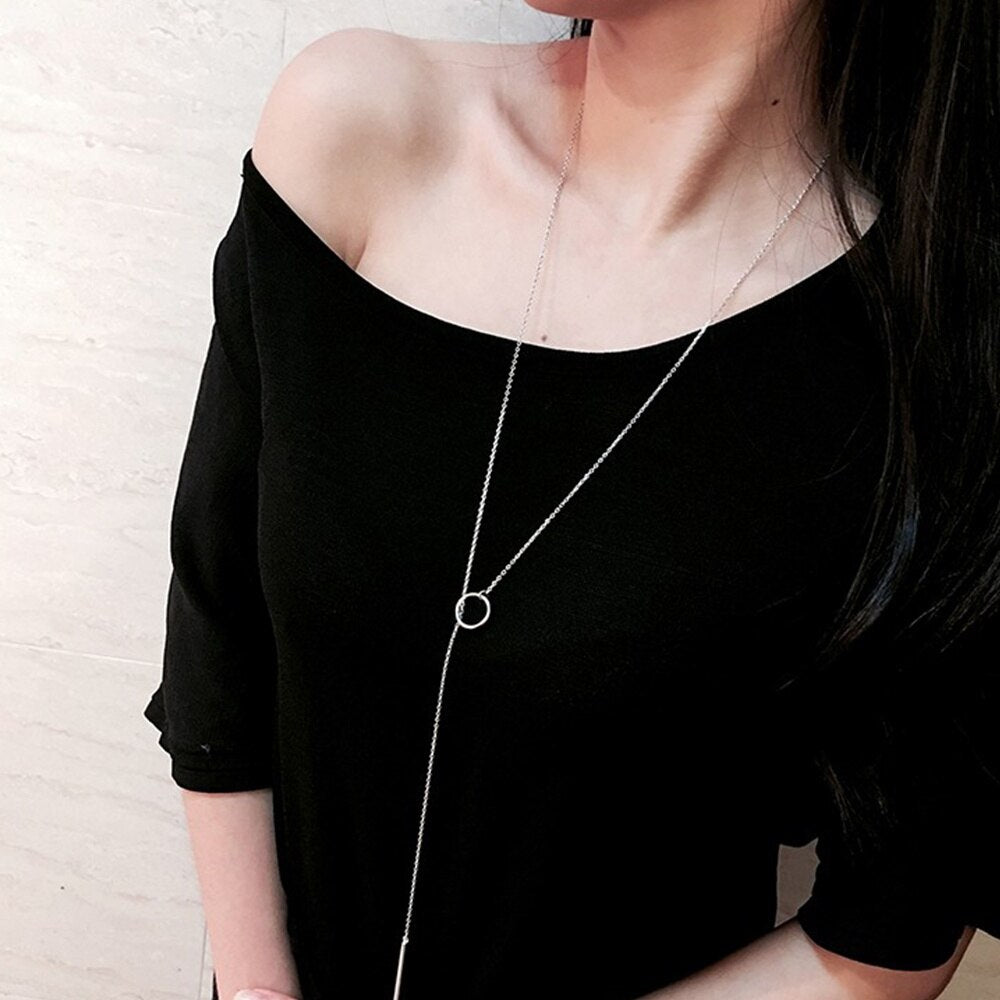 1 pc Simple Style Classic Jewelry Accessories Silver Color Circle Strip Long Chain Pendants Necklace For Women