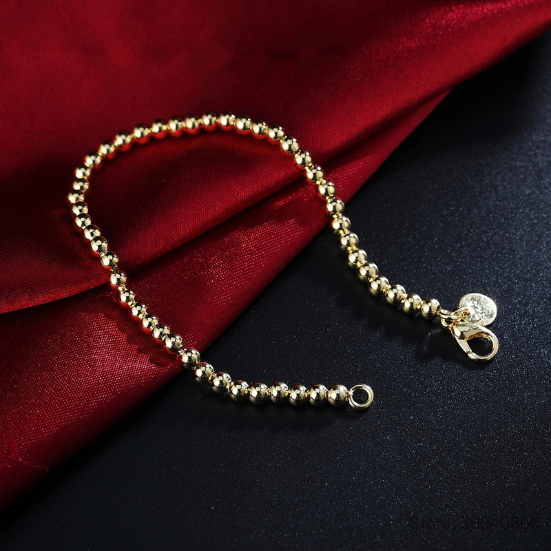 100% 925 Solid Real Sterling Silver Fashion 4mm Beads Chain Bracelet for Women 20cm For Teen Girls Lady Gift Women Fine Jewelry