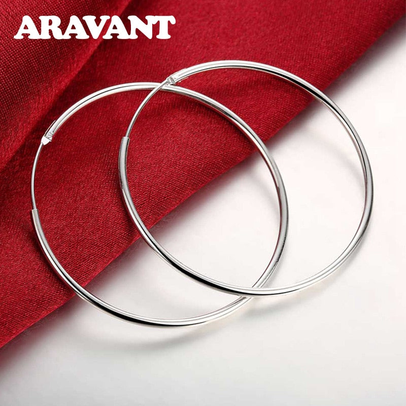 100% 925 Sterling Silver Hoop Earring For Women 50MM Big Round Circle Earrings Jewelry Gift