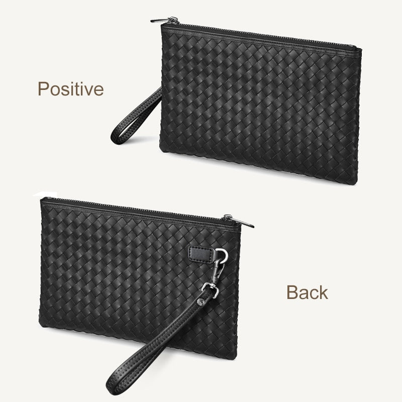 100% Cowhide Leather Men's Clutch Bag Luxury Brand Woven Leather Bag Fashion Design Simple Envelope Bag Large Capacity New Spot