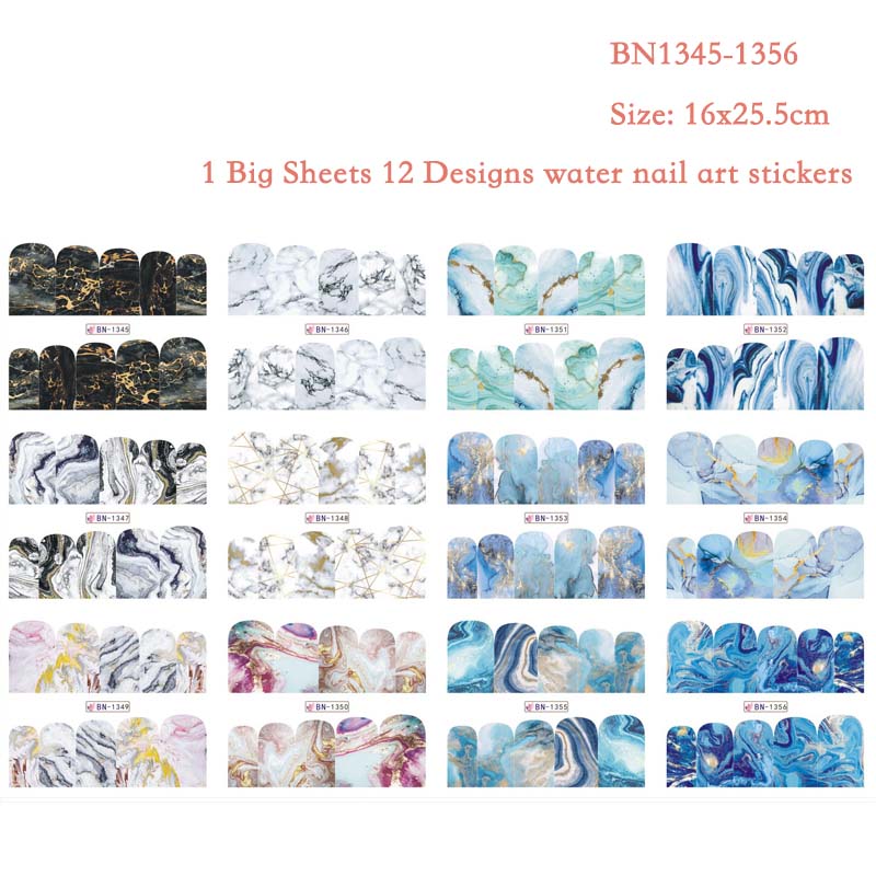 12 Designs Marble Texture Nail Sticker Water Decals gray blue Marble Series Nail Tips Manicure Full Wraps Nail Decor BN1345-1356