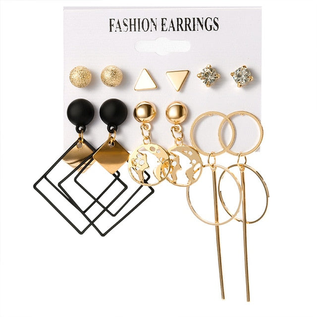 12 Pairs/Set Women's Earrings Pearl Earrings For Women Bohemian Fashion Jewelry 2020 Geometric Crystal Heart Stud Earrings New