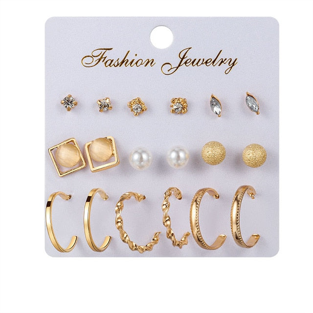 12 Pairs/Set Women's Earrings Pearl Earrings For Women Bohemian Fashion Jewelry 2020 Geometric Crystal Heart Stud Earrings New