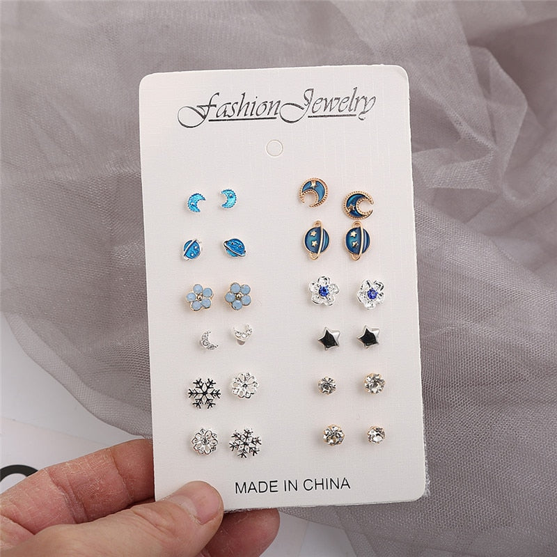 12 Pairs/set, Htzzy 2020 New Statement Earrings for Women Fashion Moon Universe Silver Color Stars Stud Earring Crystal Earrings