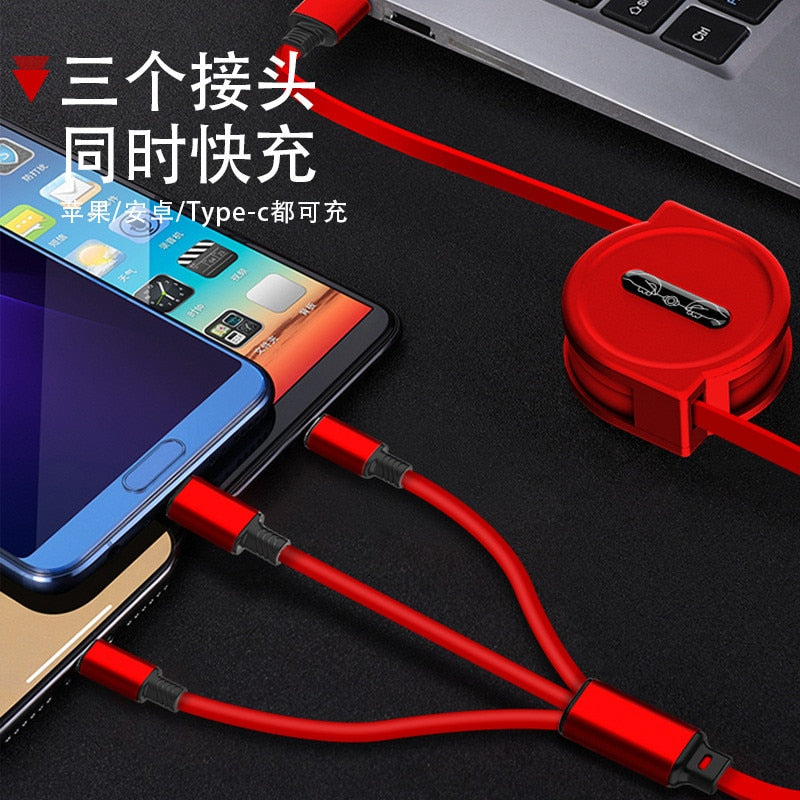 120cm 3 In 1 USB Charge Cable for iPhone 12 Micro USB Type C Cable Retractable Portable Charging Cable For iPhone X 8 Samsung S9
