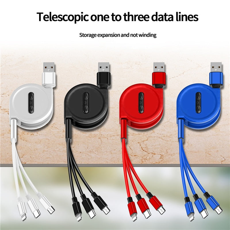 120cm 3 In 1 USB Charge Cable for iPhone 12 Micro USB Type C Cable Retractable Portable Charging Cable For iPhone X 8 Samsung S9
