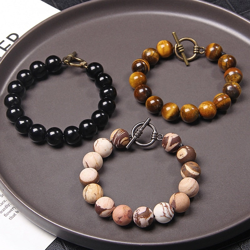 12MM Big Round Bead Natural Stones OT Clasp Male Female Beaded Bracelet Tiger Eye Lava Stone Exquisite Creative Jewelry Men Gift