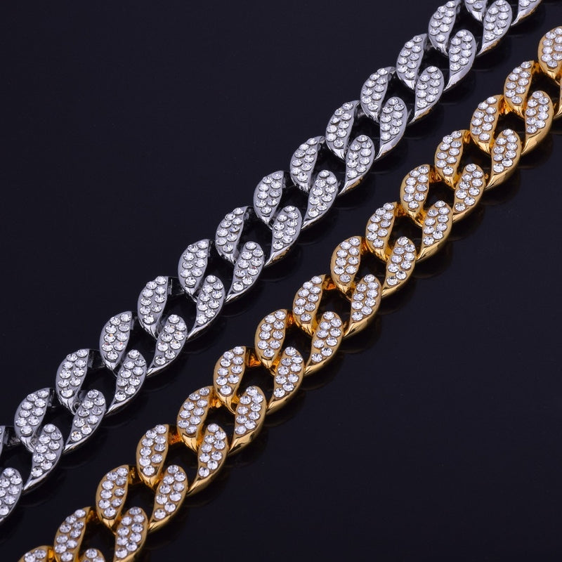 15mm Miami Cuban Necklace Choker Gold Color Full Rhinestone Crystal Bling Bling Hip Hop Chain Fashion Punk Jewelry gift