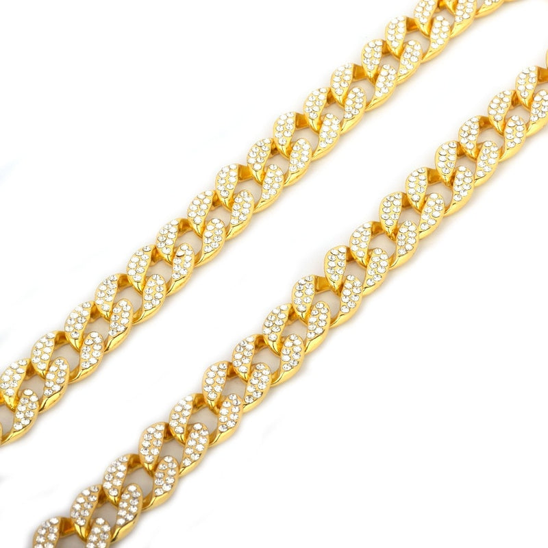 15mm Miami Cuban Necklace Choker Gold Color Full Rhinestone Crystal Bling Bling Hip Hop Chain Fashion Punk Jewelry gift