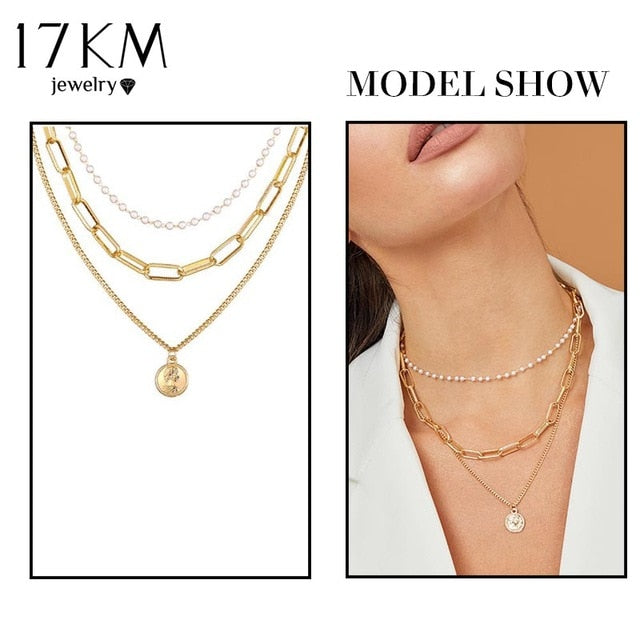 17KM Bohemian Gold Necklaces For Women Multilayer Fashion Pearl Pendants Necklace Portrait Chokers 2020 Trendy New Jewelry Gift