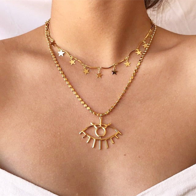 17KM Bohemian Gold Star Necklaces For Women Heart Flower Choker Pendant Necklace 2020 Ethnic Multilayer Female Fashion Jewelry