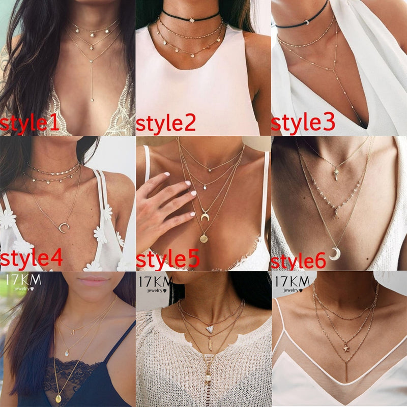 17KM Multilayer Crystal Moon Necklaces & Pendants For Women Vintage Charm Gold Choker Necklace 2020 Bohemian Jewelry Wholesale
