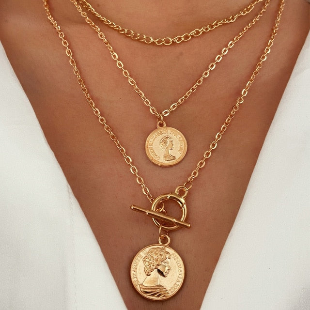 17KM Trendy Gold Carved Portrait Coin Pendant Necklace For Women Punk Silver Color Multilayer Chain Choker Necklace 2021 Jewelry