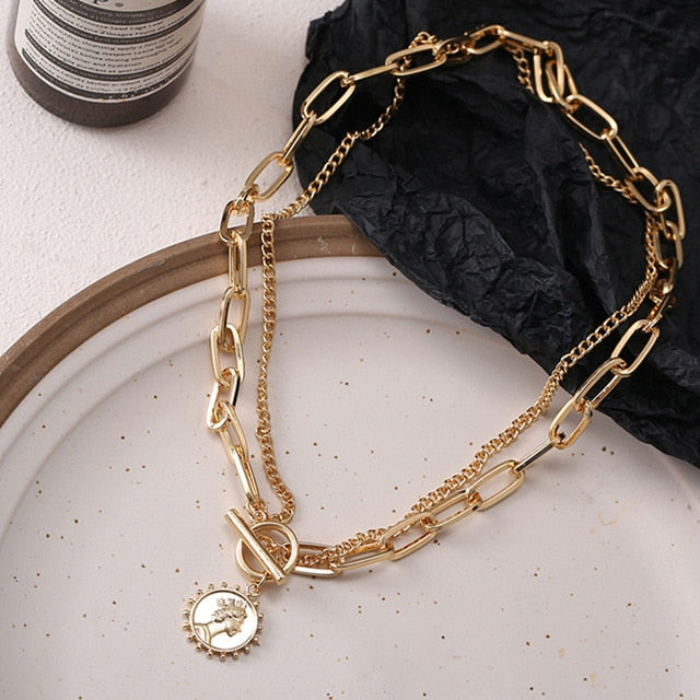 17KM Trendy Gold Carved Portrait Coin Pendant Necklace For Women Punk Silver Color Multilayer Chain Choker Necklace 2021 Jewelry