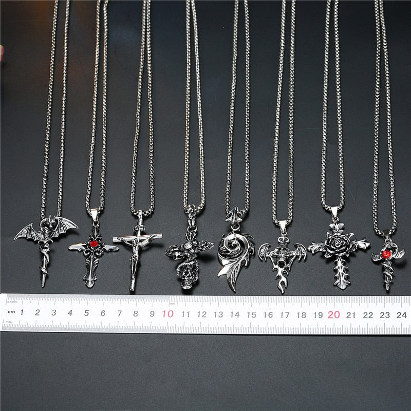 1PC Punk Vintage Metal Rose Cross Skeleton Necklace Personality Gothic Red Zircon Sword Pendant Necklace Women Men Jewelry N70