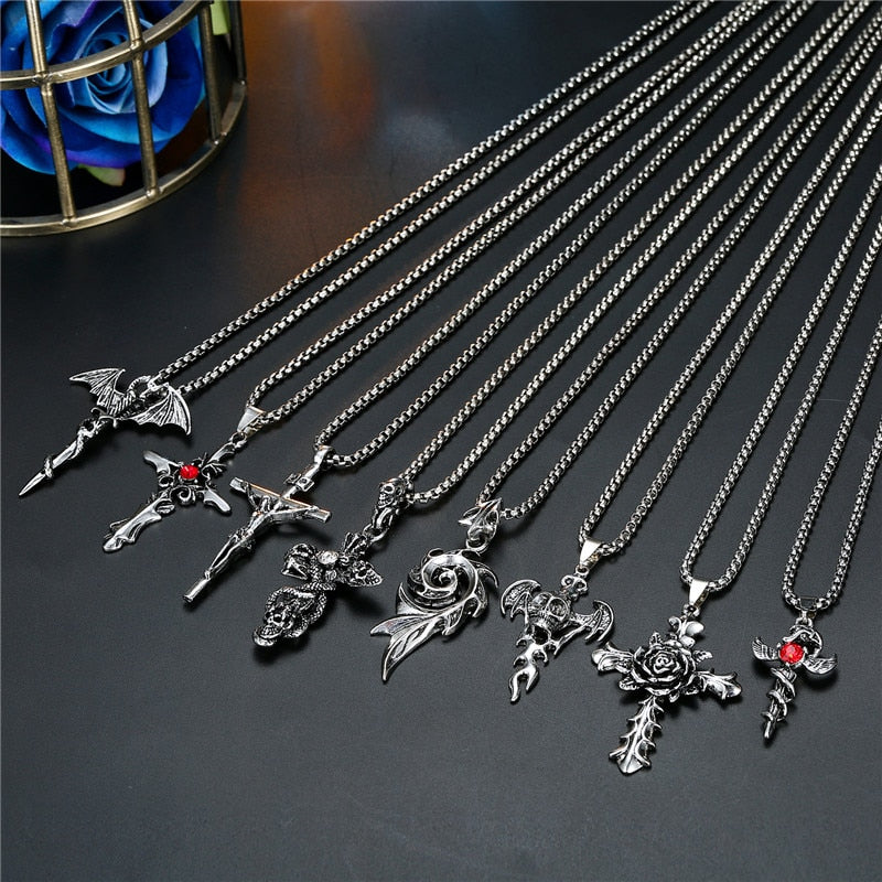 1PC Punk Vintage Metal Rose Cross Skeleton Necklace Personality Gothic Red Zircon Sword Pendant Necklace Women Men Jewelry N70