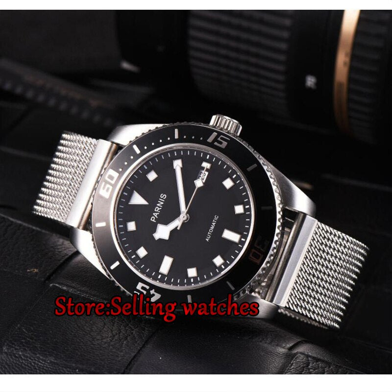 2017 New Arrival Parnis Men's Watch 43mm Stainless Steel Automatic Mechanical Watches Ultra Thin Mesh Band Luminous Markers