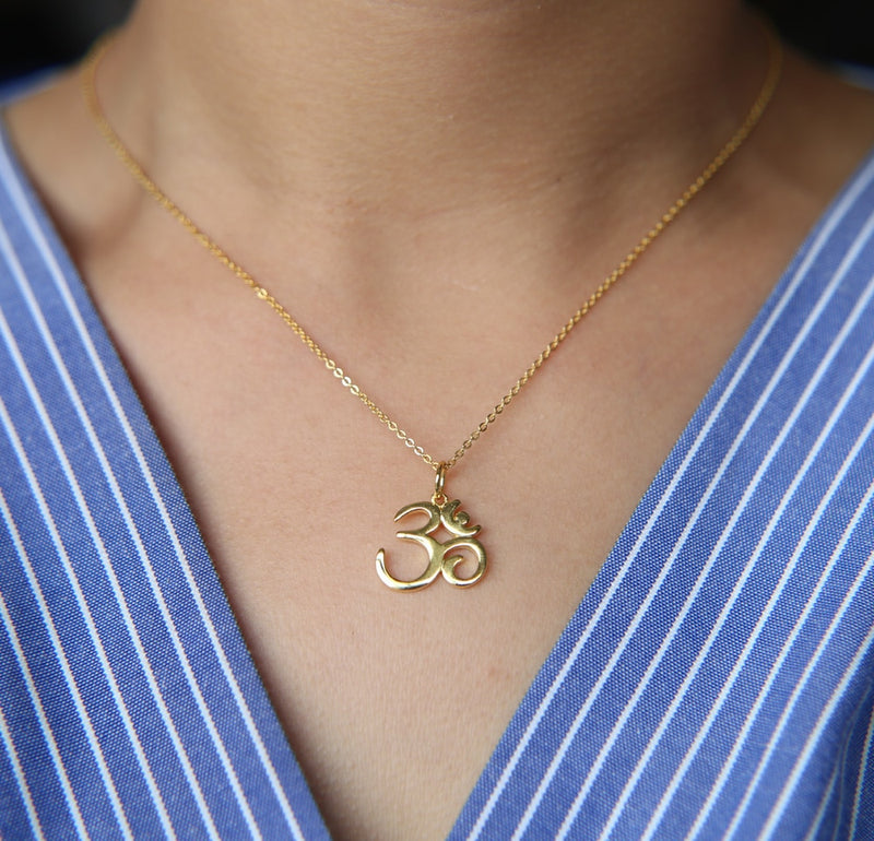 2018 fine pure 925 sterling silver 41+5cm chain high polish sparking gold color women ohm om india symbol yoga necklace