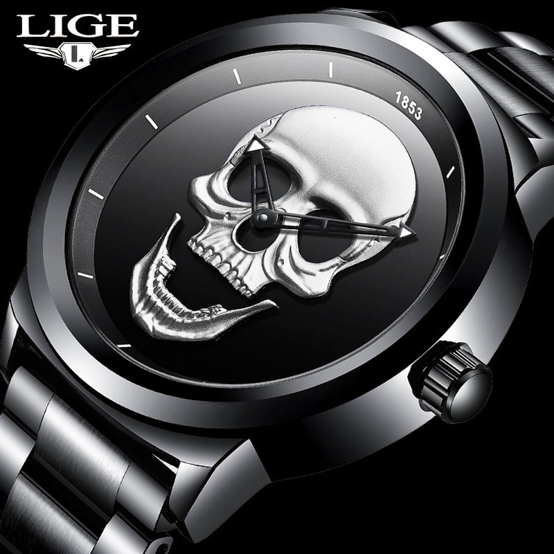 2020 Cool Punk 3D Skull Men Watch Brand LIGE Luxury Steel Quartz Men Watches Waterproof Retro Fashion Gold Black Clock Relogio
