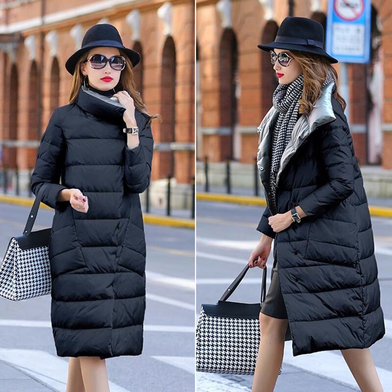 2020 Duck Down Jacket Women Winter Long Thick Double Sided Plaid Coat Female Plus Size Warm Down Parka For Women Slim Clothes
