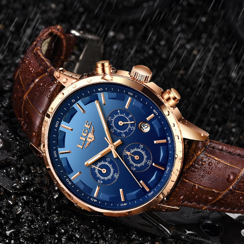 2020 LIGE Casual Leather Waterproof Quartz Watch For Mens Watches Top Brand Luxury Sport Chronograph Male Date 24 Hour Clock+Box