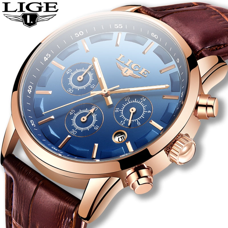 2020 LIGE Casual Leather Waterproof Quartz Watch For Mens Watches Top Brand Luxury Sport Chronograph Male Date 24 Hour Clock+Box