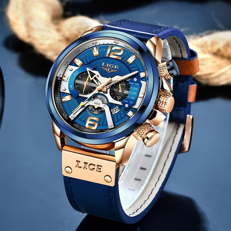 2020 LIGE Men Watches Top Brand Luxury Blue Leather Chronograph Sport Watch For Men Fashion Date Waterproof Clock Reloj Hombre