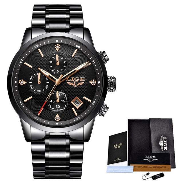2020 LIGE Men Watches Top Luxury Brand Sport Quartz Watch Men Chronograph Waterproof Wrist Watch Man Stainless Steel Date Clock