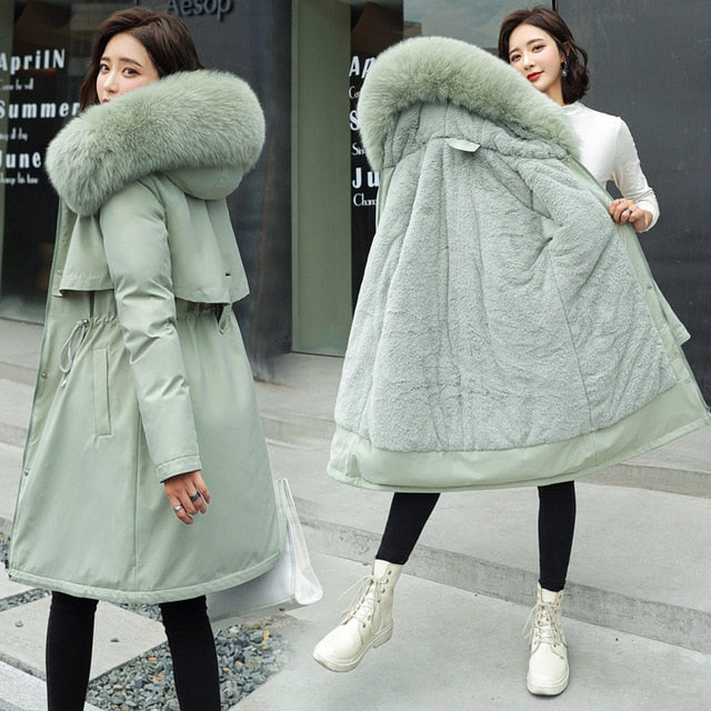 2020 New Cotton Liner Parker Parka Fashion Adjustable Waist Fur Collar Winter Jacket Women Medium Long Hooded Parka Coat