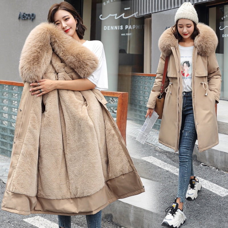 2020 New Cotton Liner Parker Parka Fashion Adjustable Waist Fur Collar Winter Jacket Women Medium Long Hooded Parka Coat