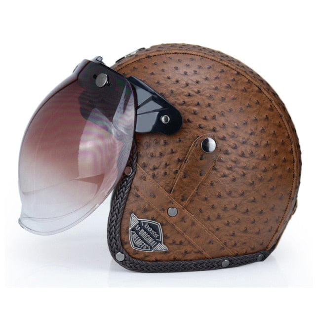 2020 New Open Face 3/4 Motorcycle Helmet PU Leather Retro Motorbike Helm Moto Bike Motocross Helmets With For Men Women