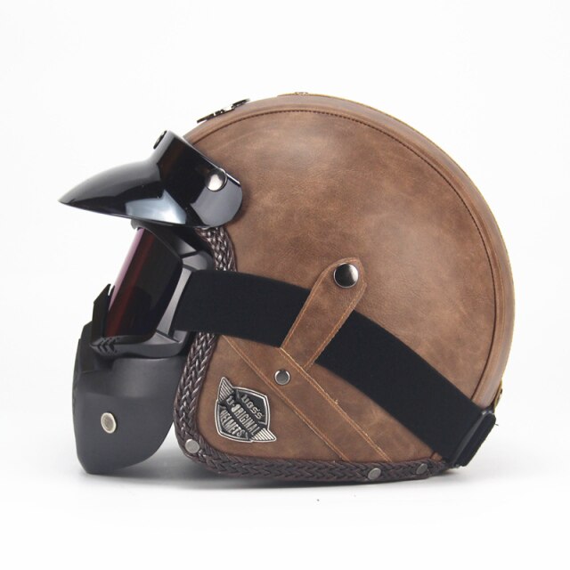 2020 New Open Face 3/4 Motorcycle Helmet PU Leather Retro Motorbike Helm Moto Bike Motocross Helmets With For Men Women