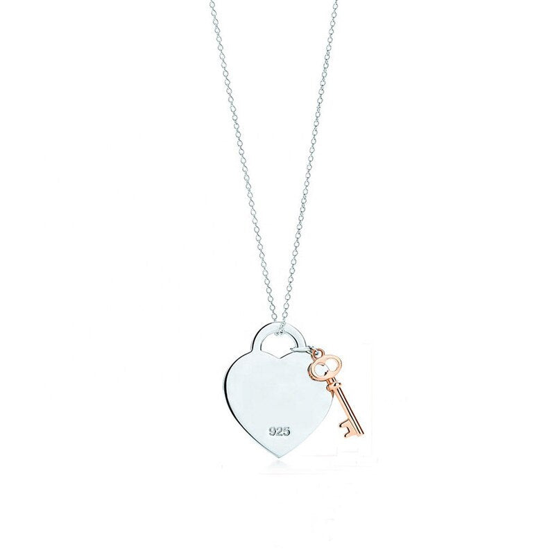 2020! TIF 925 Sterling Silver heart-shaped key lock Pendant Necklace exquisite clavicle chain, her heart only you can open